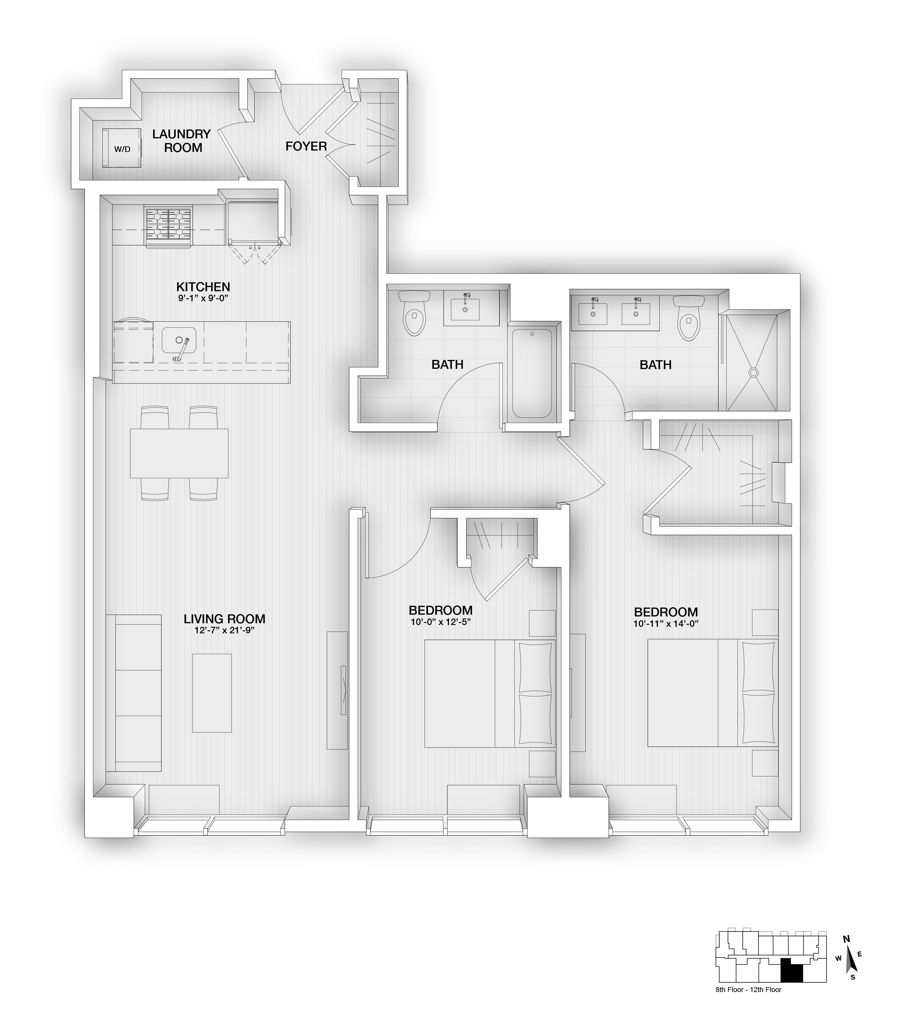Floor plan for 2 beds, 2 baths, 1120 sqft